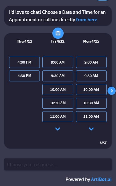 This image shows off the scheduling feature of the bot so your visitor can schedule a date and time to connect with you